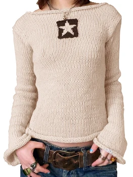 Жена Тънък Вязаный пуловер, Пуловери с дълги ръкави и шарките Звезди, Пролетно-есенни Скок с деколте лодка, Градинска облекло