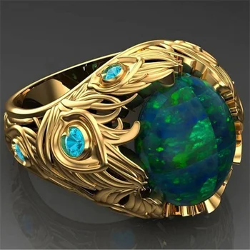 Елегантни дамски модни пръстени, Златен цвят с кръгла Цвете и геометрия, зелени Пръстен със син камък, за жени, сватбени декорации за Годеж