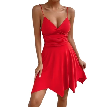 Жена секси червена рокля-комбинация с V-образно деколте и нередовни подолом, рокли за летни партита, директна доставка