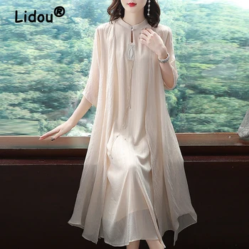 Комплект от две части за жени, Елегантни вечерни рокли в китайски стил с бродерия в ретро стил, Бяло Свободно рокля Миди с 3/4 ръкав, Халат за баня, облекло