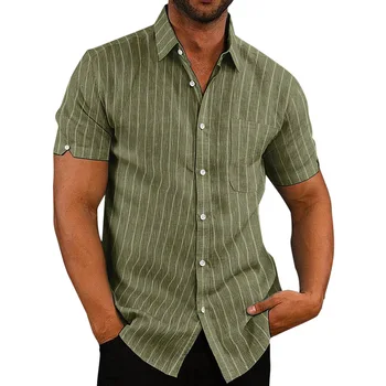 По-топла Лятна мъжка риза райе с къс ръкав, Мъжки дрехи за почивка, Зелена, Черна Ежедневна риза с копчета с ревери, Мъжки бизнес върхове