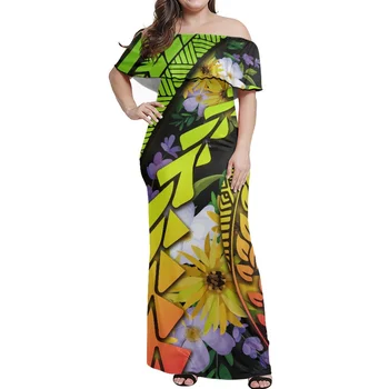 Жена светъл полинезийское племенните, фиджийское тотемное татуировка, Летни модели, Секси Елегантна дълга рокля с цветен модел с едно рамо
