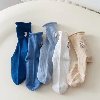 Есенно-зимни корея мультяшная бродерия с хубав медвежонком, Женски японски Модни чорапи със средна дължина, Ins, Женски прости сини чорапи