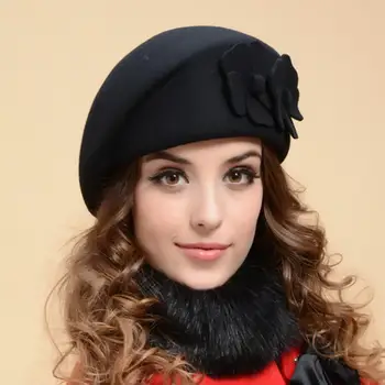 Красива шапка-барета, однотонная френска шапка, редовната есенно-зимна Дамска шапка, френски художник, водене жив топло