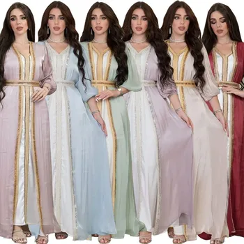 3 бр., Женско Арабско рокля-кафтан + coat + колан, Вечерна рокля за парти в Дубай, Саудитска Арабия, Ислямска Дрехи, Мюсюлмански комплект Рамадан Ейд Абая
