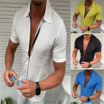 Летни мъжки ризи, однотонная риза с къс ръкав с цип, Тънък случайни жилетка с ревери, топ за мъже