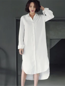 2023 Пролетно-лятно-Секси Бяла рокля-риза с Дълги ръкави, Дълга Свободна Сверхдлинная риза, Темперамент Прост и всекидневни