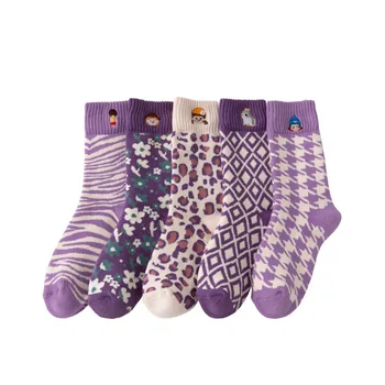Есенно-зимни Лилаво дизайнерски чорапи с бродерия, Вълнени изолирана топли чорапи Kawaii Harajuku, сладки чорапи