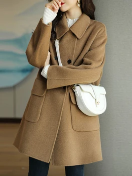 Тренч за жени, есенно-зимно палто, яке с отложным яка, вълна палто, Новост в горната дреха 2023, Офис дамски парк в корейски стил