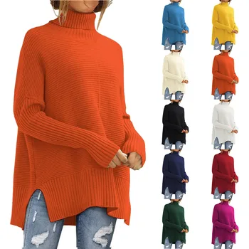 Жена вязаный пуловер с дълги ръкави и с остър подолом, есенно-зимния моден пуловер оверсайз с високо воротом 