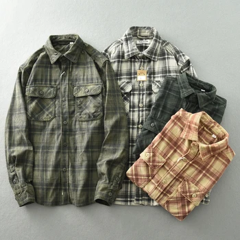 Есен Нова вельветовая риза в клетка в американския ретро стил с дълги ръкави и ревери, мъжки модни ежедневни блузи от 100% памук, выстиранные, с двоен джоб