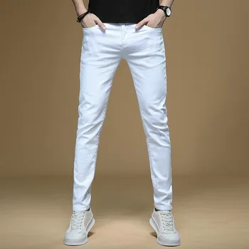 Мъжки корейски модни Бели джинси с дупки, Тесни дънкови панталони, Маркови Разтеглив Улични прави панталони