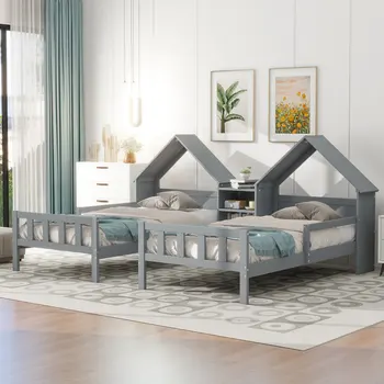 Двойно Легло Twin Size, Диван във формата на къщички, Просто дизайнерско легло-платформа с таблата във формата на къщички и вградена тумбочкой, Бебешко легло