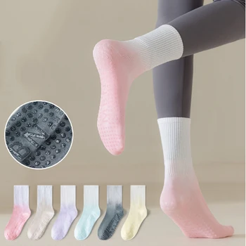 1 Чифт женски памучни чорапи, Модни всекидневни Висококачествени нескользящие силиконови чорапи за фитнес в помещението, танци, упражнения по Пилатес, Спортни дълги чорапи