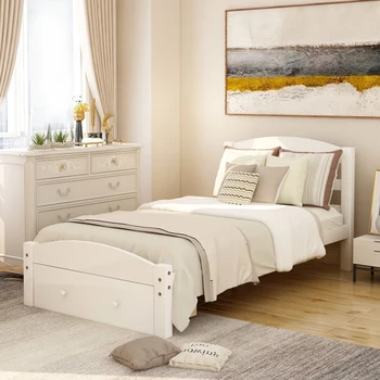 Рамка на легло Twin на бялата платформа с чекмедже за съхранение и дървена лента, пружинен блок не е необходимо за обзавеждане за спалня на закрито