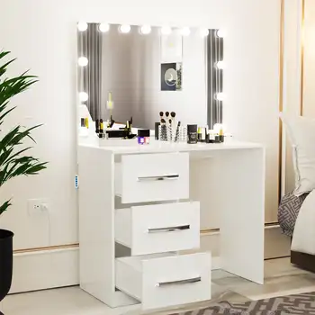 Ember Интериори Ава Pro Модерен Тоалетка, Лампи, Огледало с 3 чекмеджета, Изпълнен в бял цвят за спалня