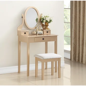 Комплект от тоалетна масичка и стол за грим Roundhill Furniture Moniya Wood, Златна мебели за спалня, тоалетка