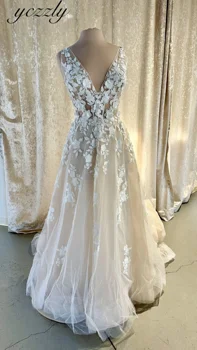 Плажна сватбена рокля с цветя, дълбоко V-образно деколте, без ръкави, тюлевое сватбена рокля цвят шампанско, Дълга Рокля трапецовидна форма с отворен гръб, Vestidos YW388