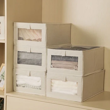 1 бр. прозрачна нетъкан кутия за съхранение в японски стил бежов цвят, сгъваем шкаф за общежития, кутия за съхранение на дрехи, панталони