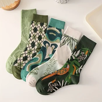 5 чифта чорапи със средна дължина за удобно и дишането на студентски спортни чорапи, зелени младежки чорапи с принтом в горското стил