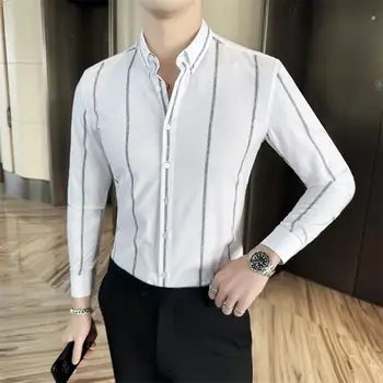 Мъжки тънки ризи на райета, есен-пролет, Корейски стил, универсална мъжка риза с дълги ръкави, бизнес социална Camisa Masculina 4XL