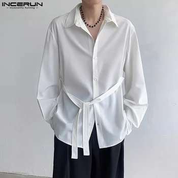 INCERUN Мъжки ежедневни риза Плътен цвят С Ревери, Дълъг ръкав, Свободна Мъжки дрехи дантела, Градинска Дрехи, Корейски стил, Модерен ризи 2023