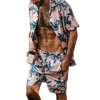 Ежедневни Розови Комплекти за мъже, Летни Ризи за почивка на Копчета с принтом на листата на растенията + Шорти, Хавайски облекло от две части
