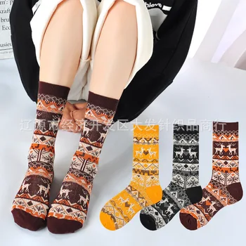 Кафяви чорапи, дамски есен-зима дългите коледни чорапи в ретро стил от чист памук в стил колеж, тенденция ins