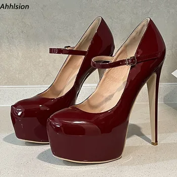 Ahhlsion/Женски лъскави обувки-лодка ръчна изработка на платформата, Чубрица обувки на висок ток с кръгла пръсти, красиви бордо обувки за банкет, Дамски Размери САЩ 5-20
