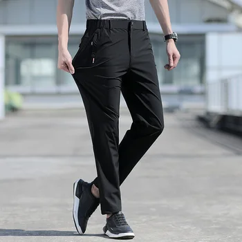 Мъжки летни панталони Големи Размери, Стрейчевые дишащи панталони с прав штанинами От ледената Коприна, 6XL, бързосъхнеща еластична лента, черни панталони