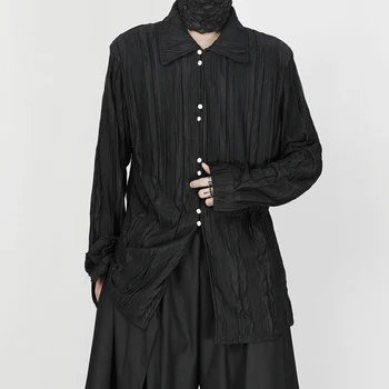 Есен 2023, черна риза, мъжки, чисто нов китайски стил, с древни начини, дизайн драперии, приливите и отливите, красива, свободна риза с дълги ръкави