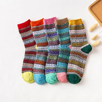 5 Двойки смесени цветове Унисекс Къси зимни вълнени чорапи Sokken, дебели и топли дамски вълнени чорапи райе с цветя в етнически стил