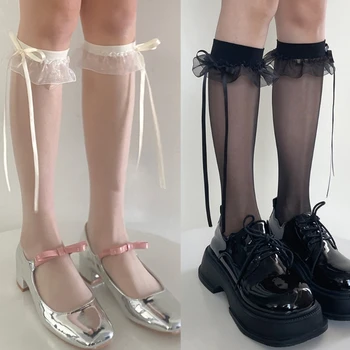 Дамски Чорапи в Балетном стил с панделка и лъкове, Ажурни обикновена Дантелени чорапи в ивица с дължина до коляното за ежедневието