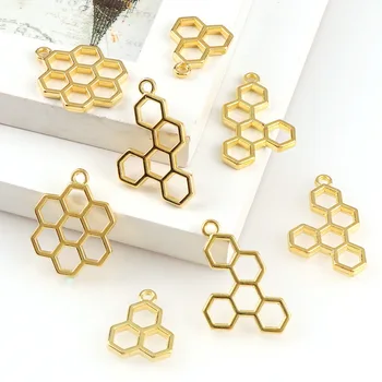 3шт Златни Висулки във формата на Пчелни Клетки От сплав на Метални суспензии За 