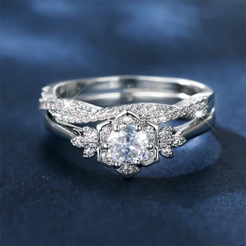 Луксозно Дамско Очарователен пръстен с цвете, Сребърни пръстени за жени, Годежен пръстен с бял хрустальным камък, бижута
