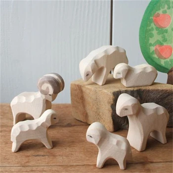 Дървени Фигурки на животни, ръчно изработени от Овце и Кози, Детски играчки с отворен свят, колекция Waldorf Wood Toy for Children