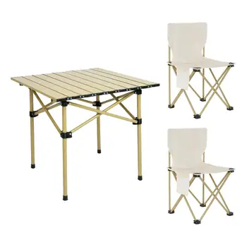Сгъваема маса къмпинг столове в комплект с 2 табуретками, Преносим Приставной маса, Сгъваема маса за пикник в градината, в двора, в двора на открито