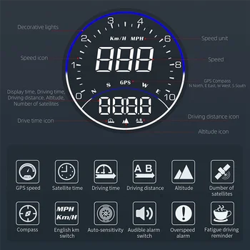 Авто HUD дисплей със скоростта на GPS км / ч, цифрови GPS-измерване на скоростта, компас на посоката на движение, HD-дисплей, с аларма за превишаване на скоростта