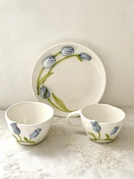 Ins Гореща креативна керамична Кафеена чаша, чиния, купа, Набор от розови, сини прибори за хранене с отпечатан във формата на лале, персонализирани