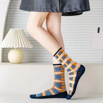 Нови модни дамски чорапи, Новост, Летни копринени чорапи в стил Харадзюку с кристали и сладък принтом под формата на животни, тънки прозрачни дълги чорапи