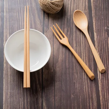 Дървена вилица лъжица от бук в японски стил, Пръчици за хранене, Вградени прибори за пътуване, Кухненски прибори за приготвяне на десерти