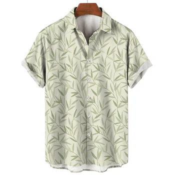 Мъжки летни дрехи, свободна тениска с къс ръкав райе и ботаническата принтом, ежедневен, стилен, подходящ за почивка на плажа