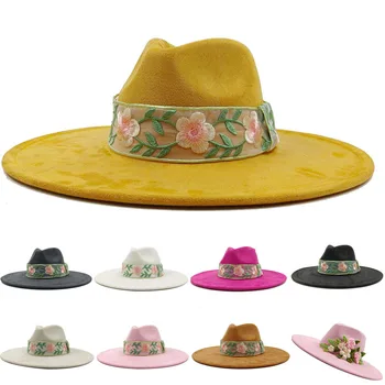 Жълт замшевая Фетровая шапка с широка периферия 9,5 см, за мъже и жени в есенно-зимната джаз шапка, Класически велур филц шапки Сомбреро