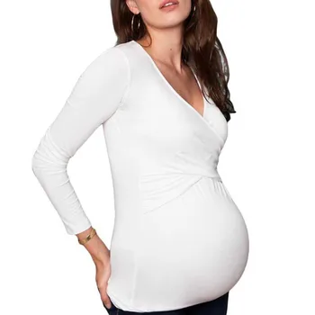 Дрехи за бременни, дрехи за кърмене с V-образно деколте и кръст, тениска за бременни, удобна и приятна за кожата