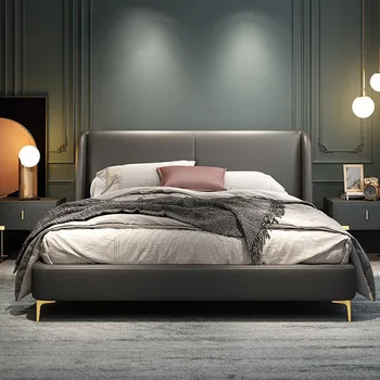 Мебели за спалня италиански светла луксозна кожена легло модерна проста основна спалня скандинавски двойно легло на легло в гонконгском стил