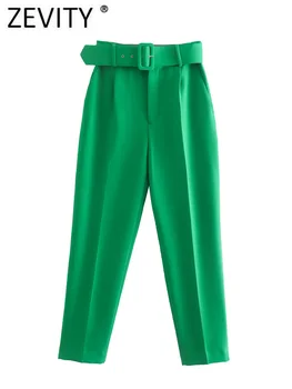 Zevity Дамски Панталони в ярки цветове с Колан с дължина до глезена, Луксозни Бизнес Панталони, Офис Дамски Панталон с цип, Mujer Pants P215