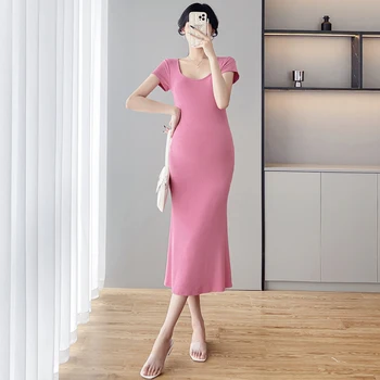 2023 Лятото Вязаное рокля За бременни Жени в Корейски стил, Тесен ханш, дрехи за бременни, Черен, Розов