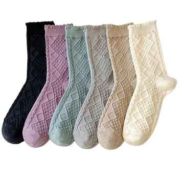1 чифт женски чорапи, памучни чорапи, ежедневни и дишането, сладки чорапи с кръгло деколте и накъдрен, обувки, чорапи