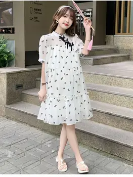 2023 Винтажное рокля за бременни в китайски стил с къс ръкав, черна и цветна бродерия, Шифоновое рокля за бременни, Рокли
