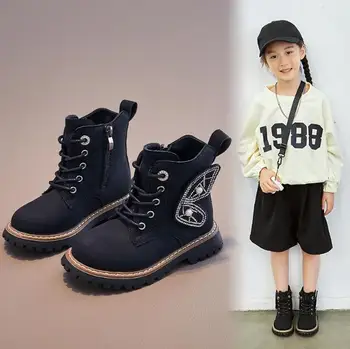 2023 Нови модни кожени обувки за момичета със страничен цип, Стръмни универсални детски ботильоны, дишащи зимните детски обувки, маратонки